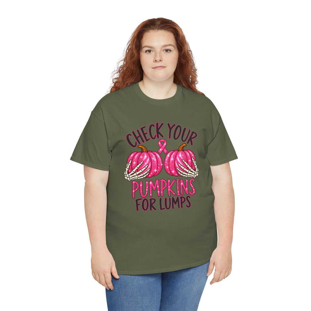 Breast Cancer Awareness T-Shirt — "Check Your Pumpkins for Lumps" Pink Ribbon Tee