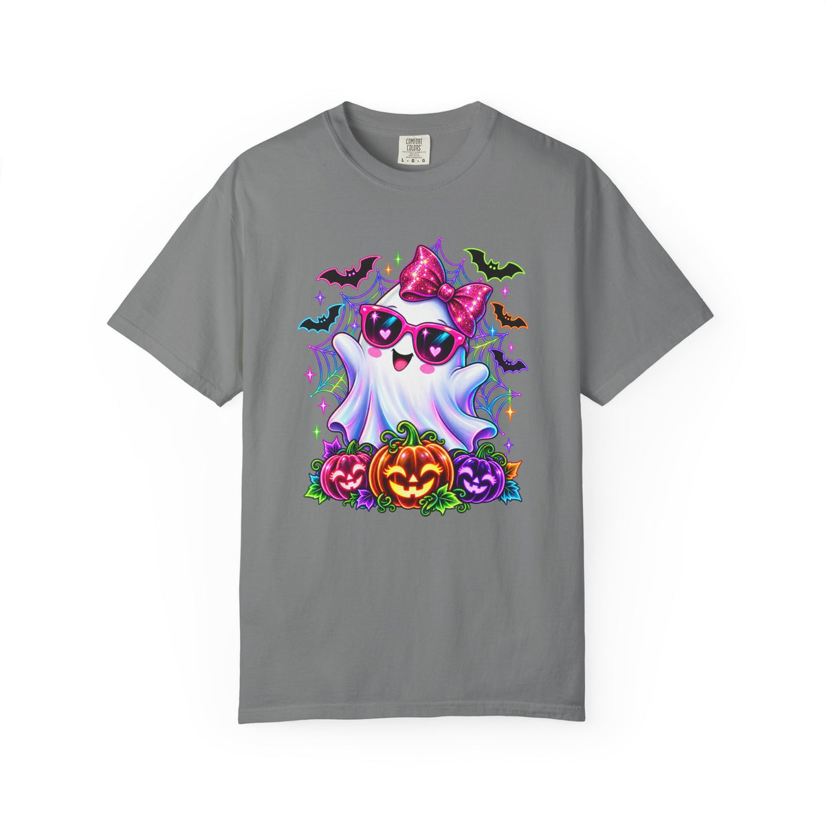 Cute Halloween Ghost T-Shirt — Pink Bow Ghost with Sunglasses & Pumpkins