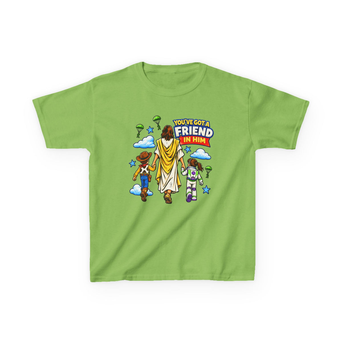 Kids Tee — "You've Gotta Friend in Him" Inspirational Jesus & Toy Friends Graphic