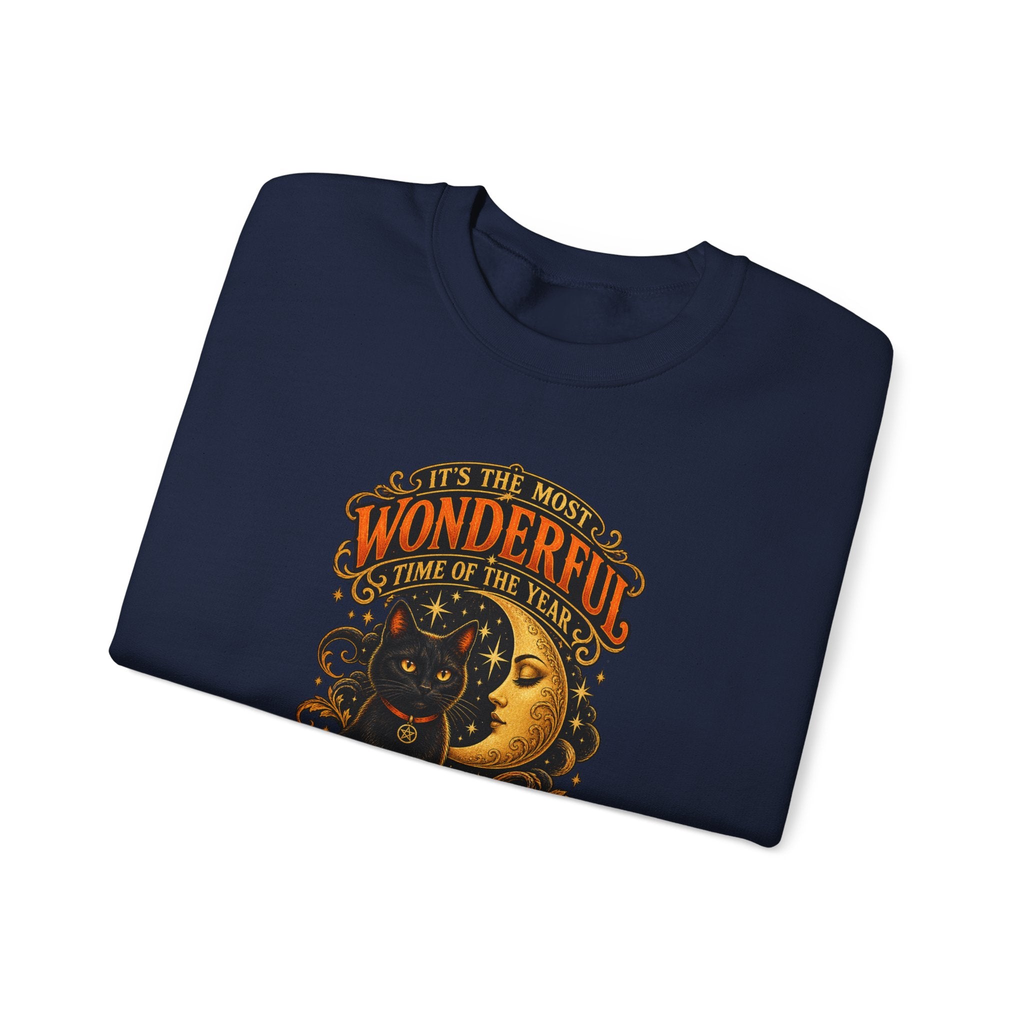 Vintage Halloween Sweatshirt - "It's the Most Wonderful Time of the Year" Black Cat & Moon Design