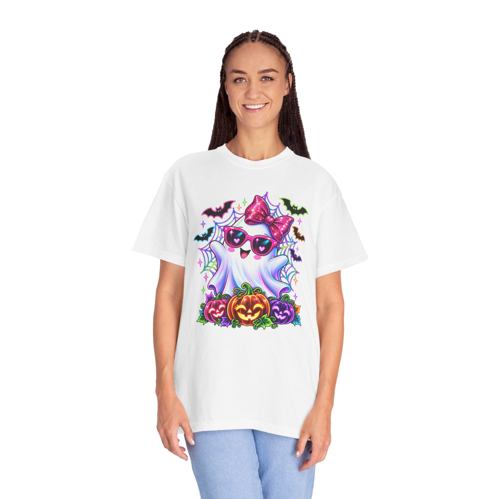 Cute Halloween Ghost T-Shirt — Pink Bow Ghost with Sunglasses & Pumpkins