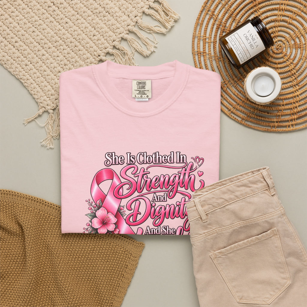 Breast Cancer Awareness T-Shirt — "She is Clothed in Strength" Pink Ribbon Tee