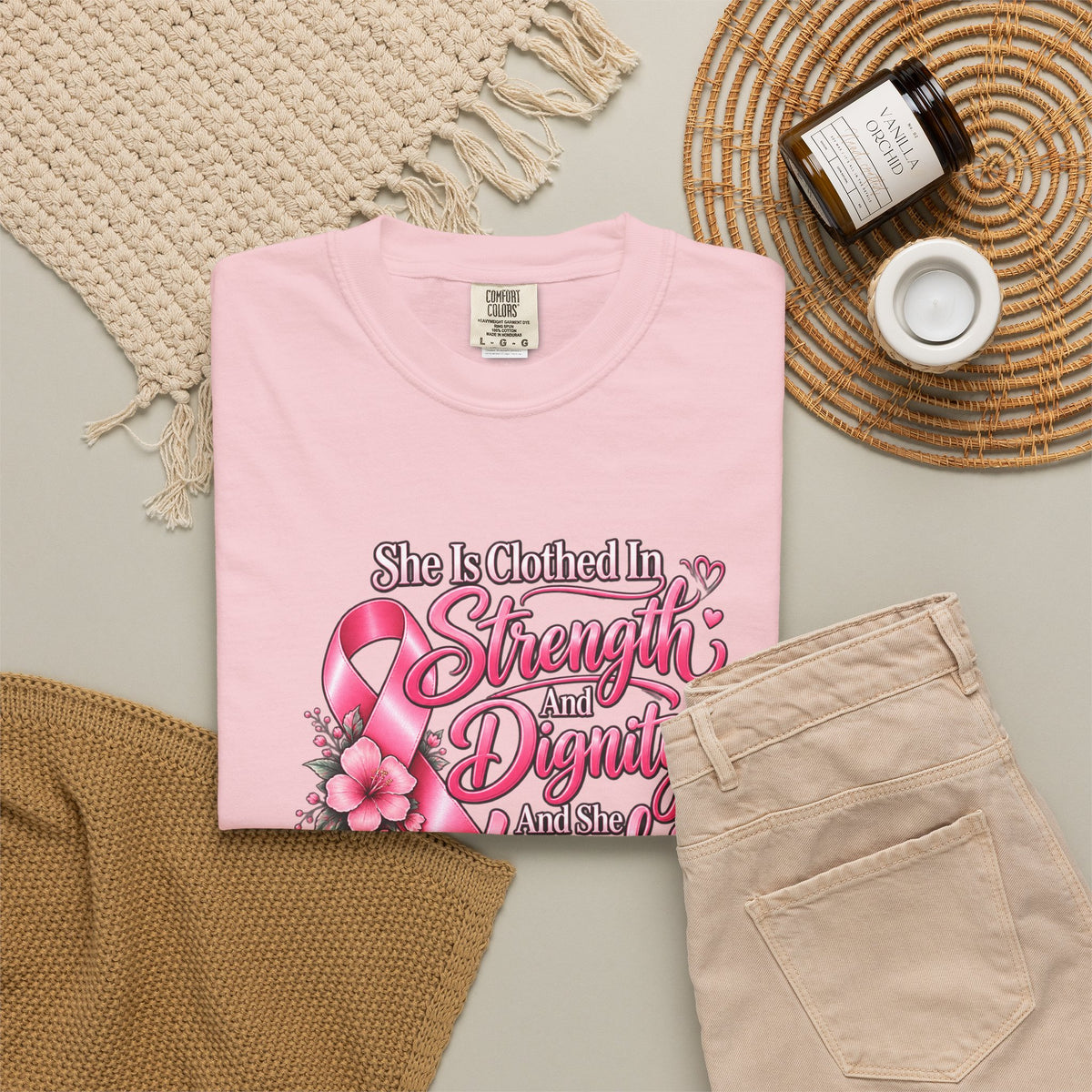 Breast Cancer Awareness T-Shirt — "She is Clothed in Strength" Pink Ribbon Tee