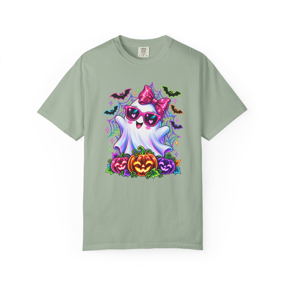 Cute Halloween Ghost T-Shirt — Pink Bow Ghost with Sunglasses & Pumpkins