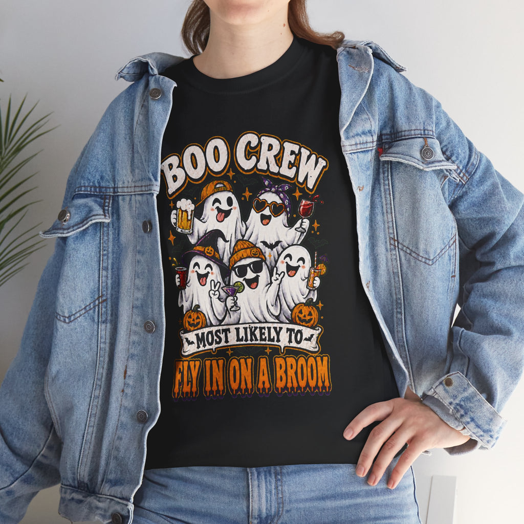 Boo Crew T-Shirt — “Most Likely to Fly on a Broom” Halloween Ghost Tee