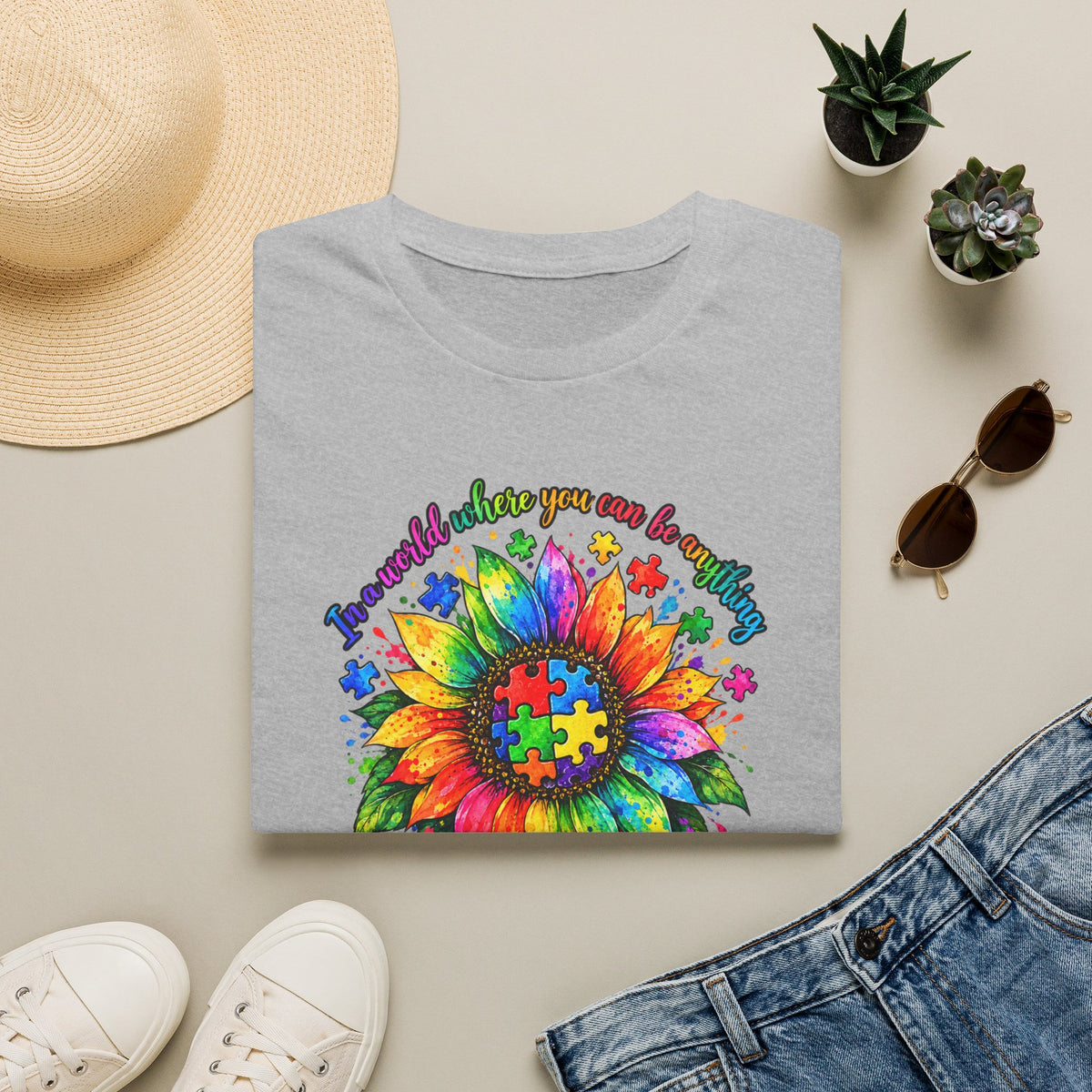 Autism Awareness Sunflower T-Shirt — 'Be Kind' Rainbow Puzzle Design