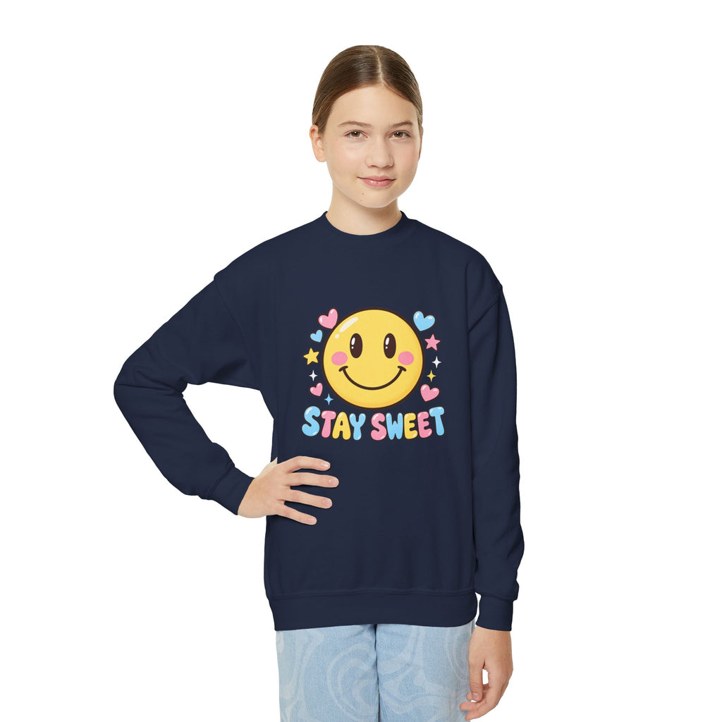 Youth Crewneck Sweatshirt — Cute Smiley "Stay Sweet" Graphic, Kids Cozy Pullover