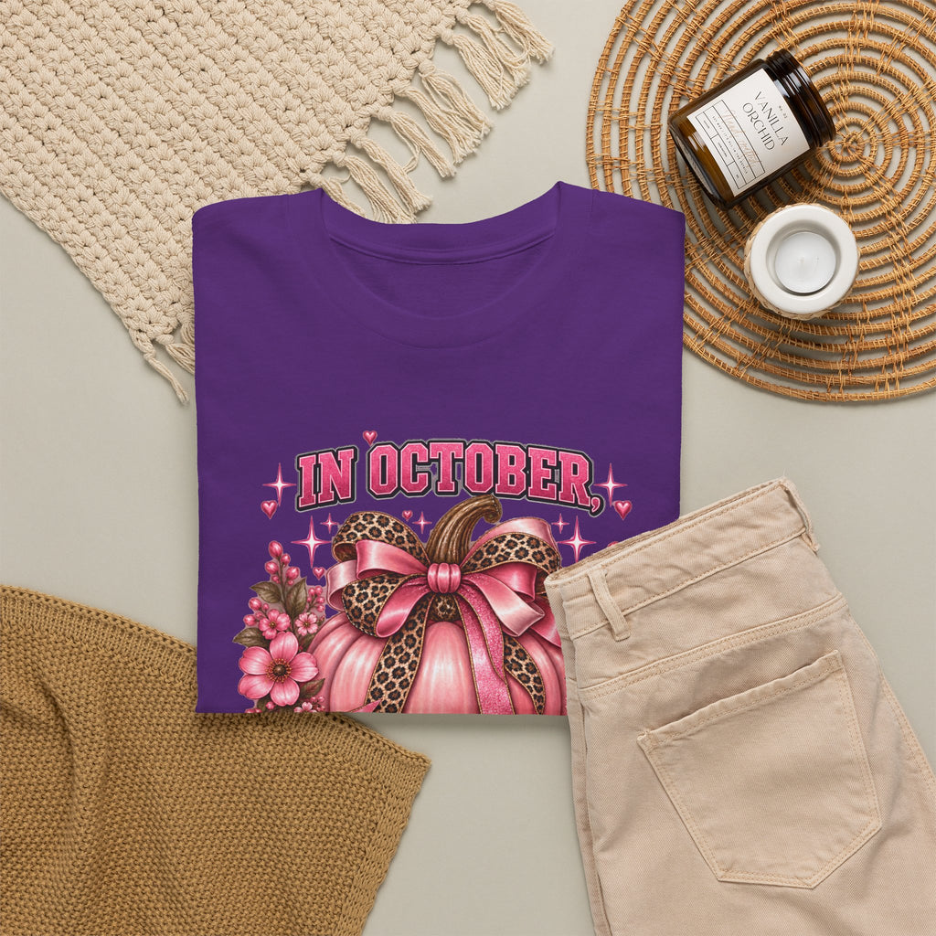 Breast Cancer Awareness T-Shirt — "In October We Wear Pink" Pumpkin Design