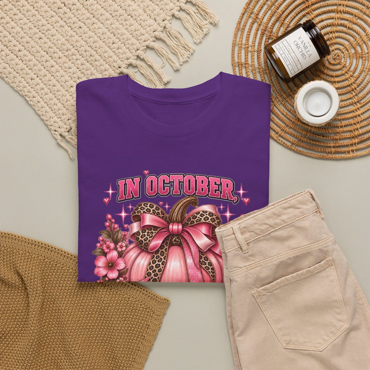 Breast Cancer Awareness T-Shirt — "In October We Wear Pink" Pumpkin Design