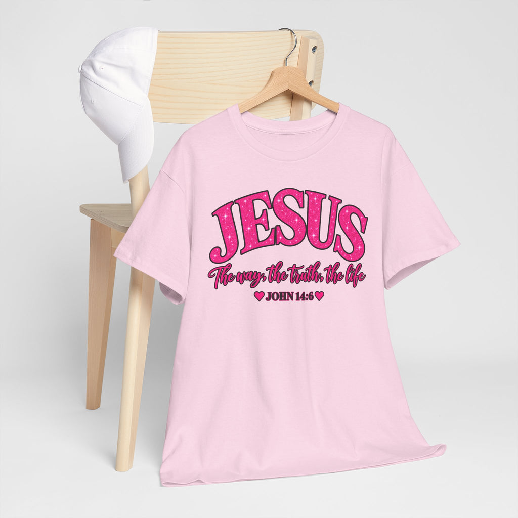 Christian T-Shirt — "JESUS The way, the truth, the life" (John 14:6) Pink Vintage Script