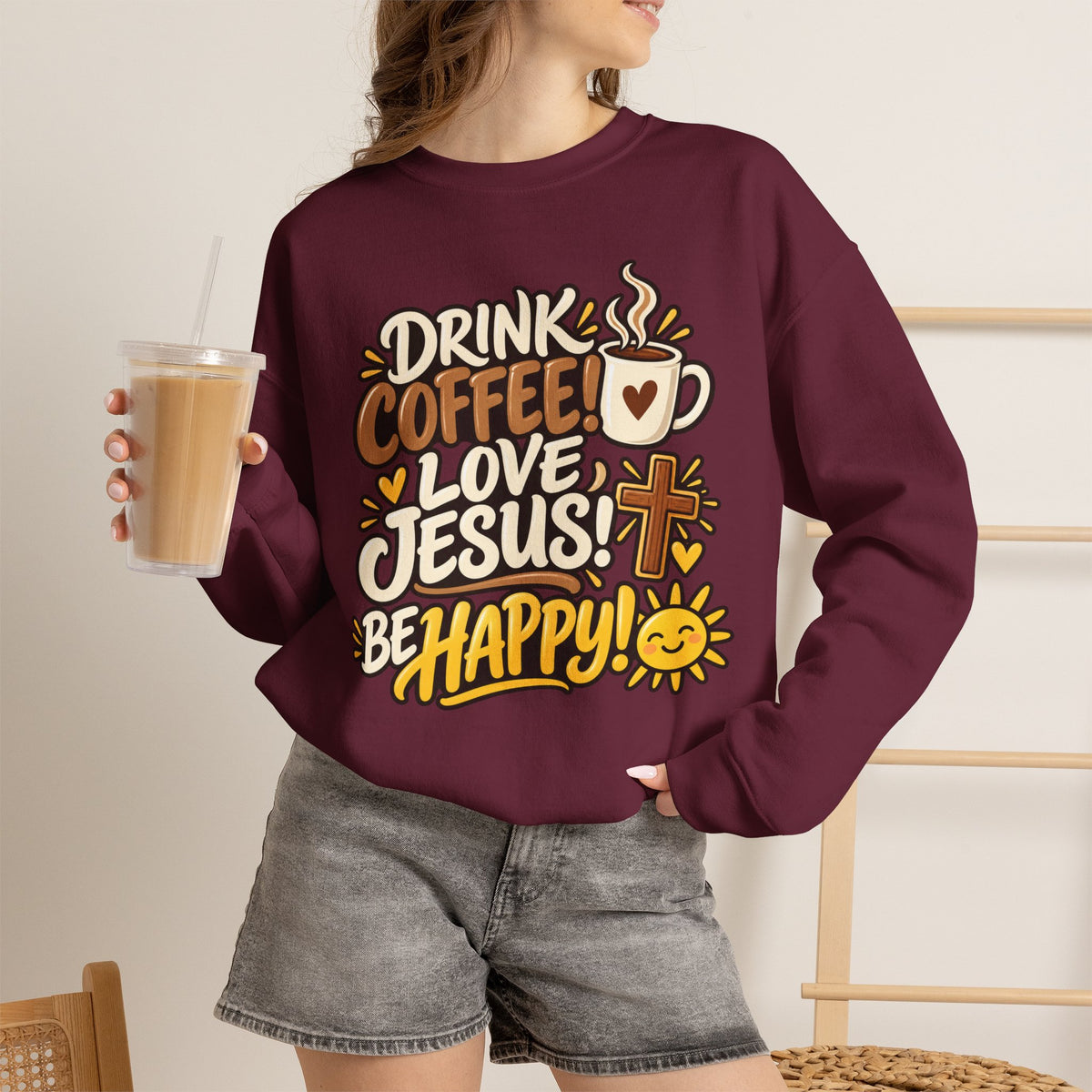 Coffee, Jesus & Be Happy Crewneck Sweatshirt