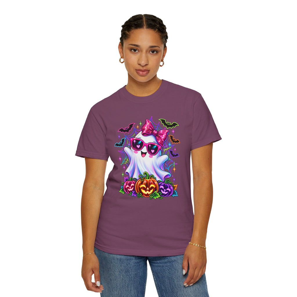 Cute Halloween Ghost T-Shirt — Pink Bow Ghost with Sunglasses & Pumpkins