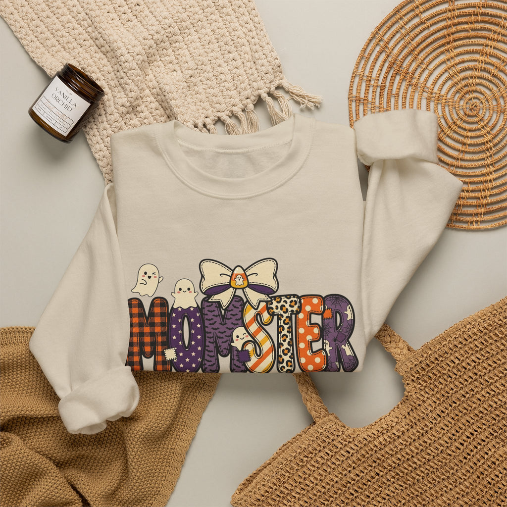 Momster Halloween Sweater | Momster Crewneck Sweatshirt, Halloween mom, purple orange spooky lettering