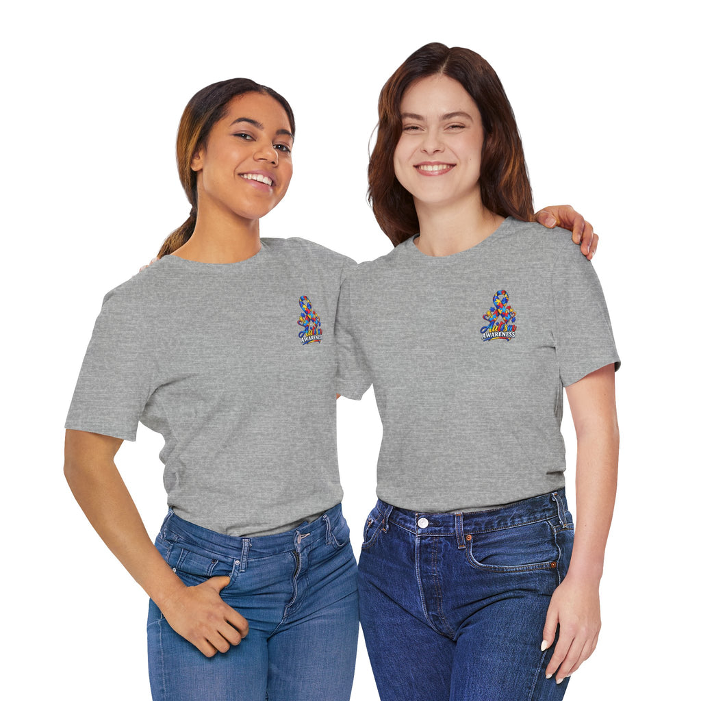 Autism Awareness Ribbon Chest Tee — 'Different, Not Less' Short Sleeve T-Shirt