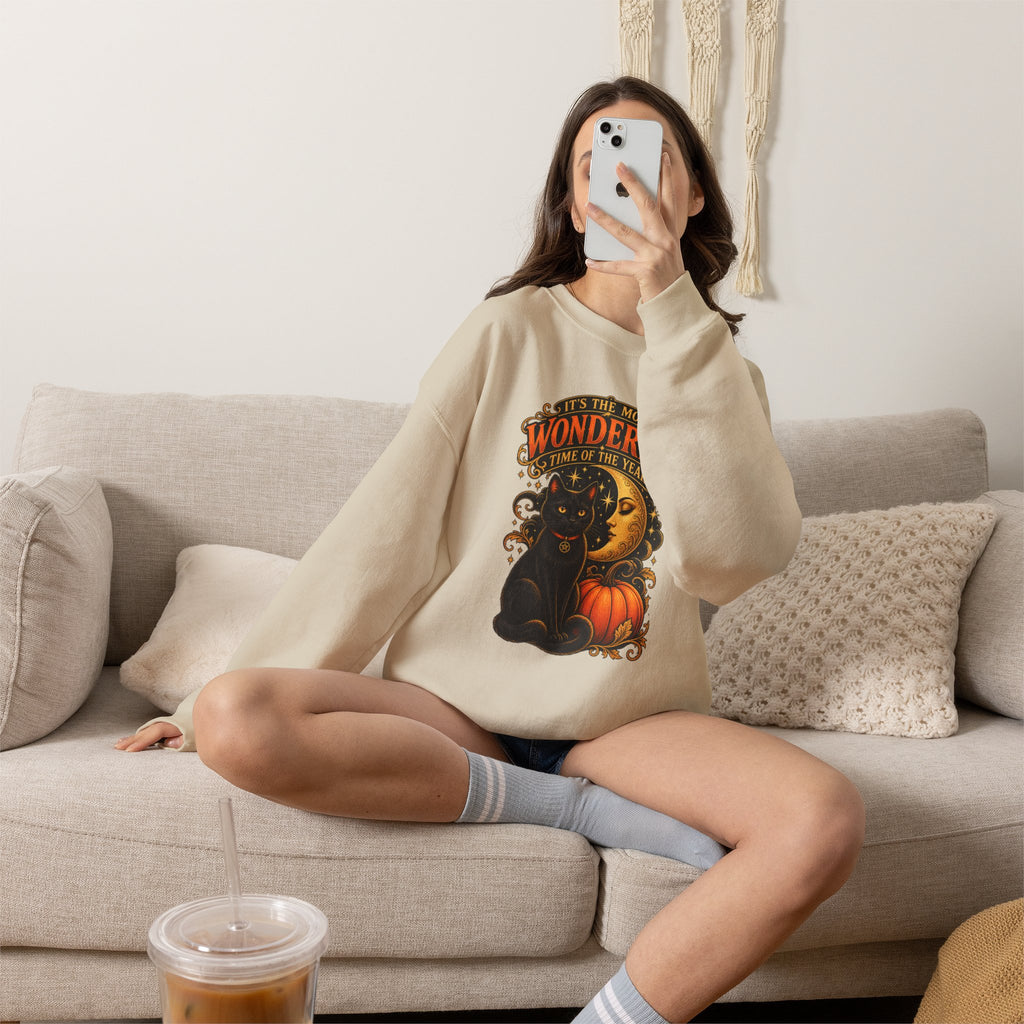 Vintage Halloween Sweatshirt - "It's the Most Wonderful Time of the Year" Black Cat & Moon Design