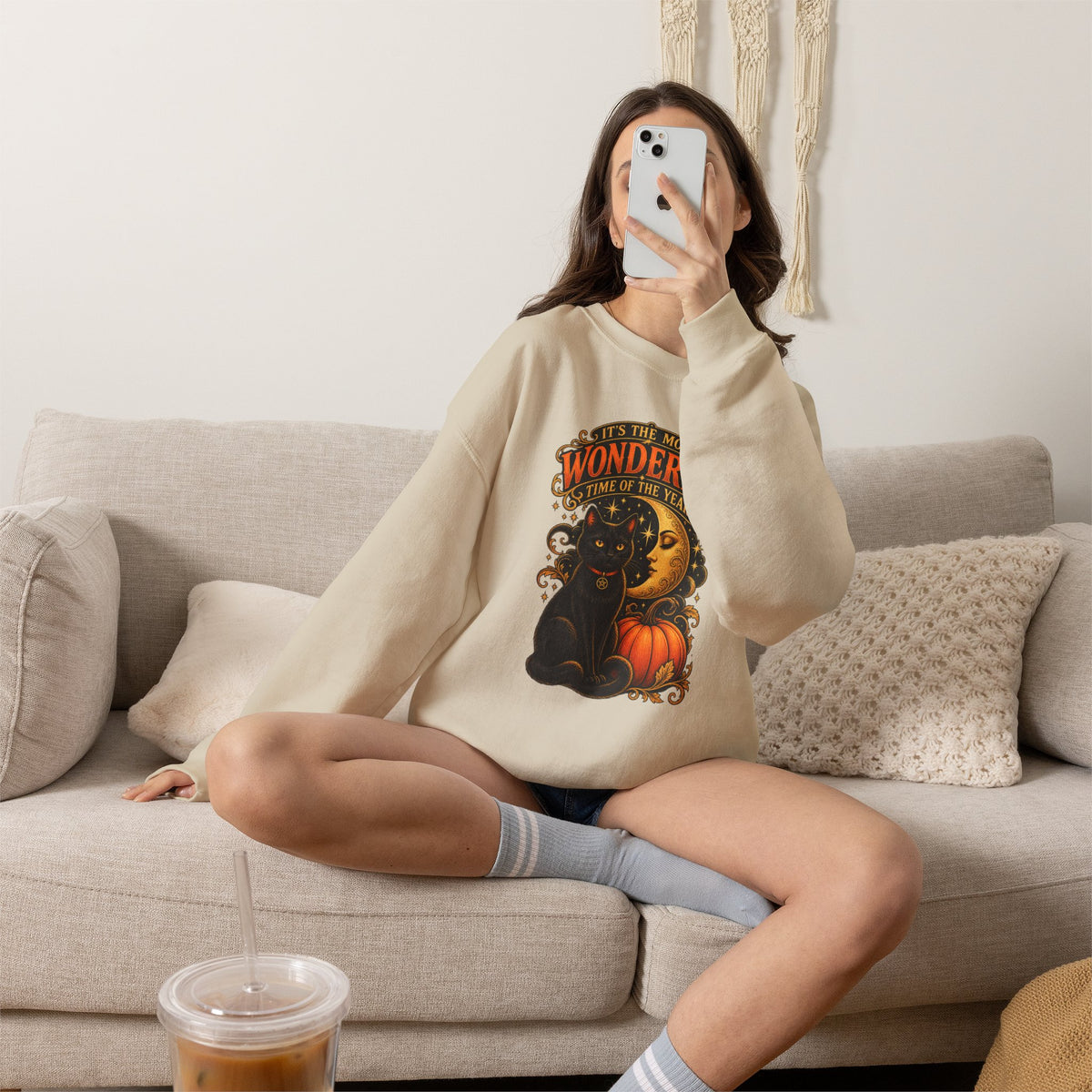 Vintage Halloween Sweatshirt - "It's the Most Wonderful Time of the Year" Black Cat & Moon Design