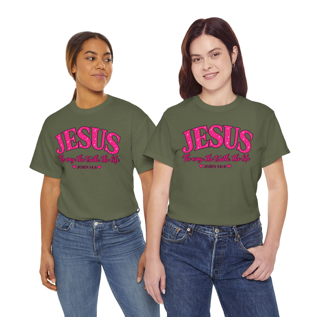 Christian T-Shirt — "JESUS The way, the truth, the life" (John 14:6) Pink Vintage Script