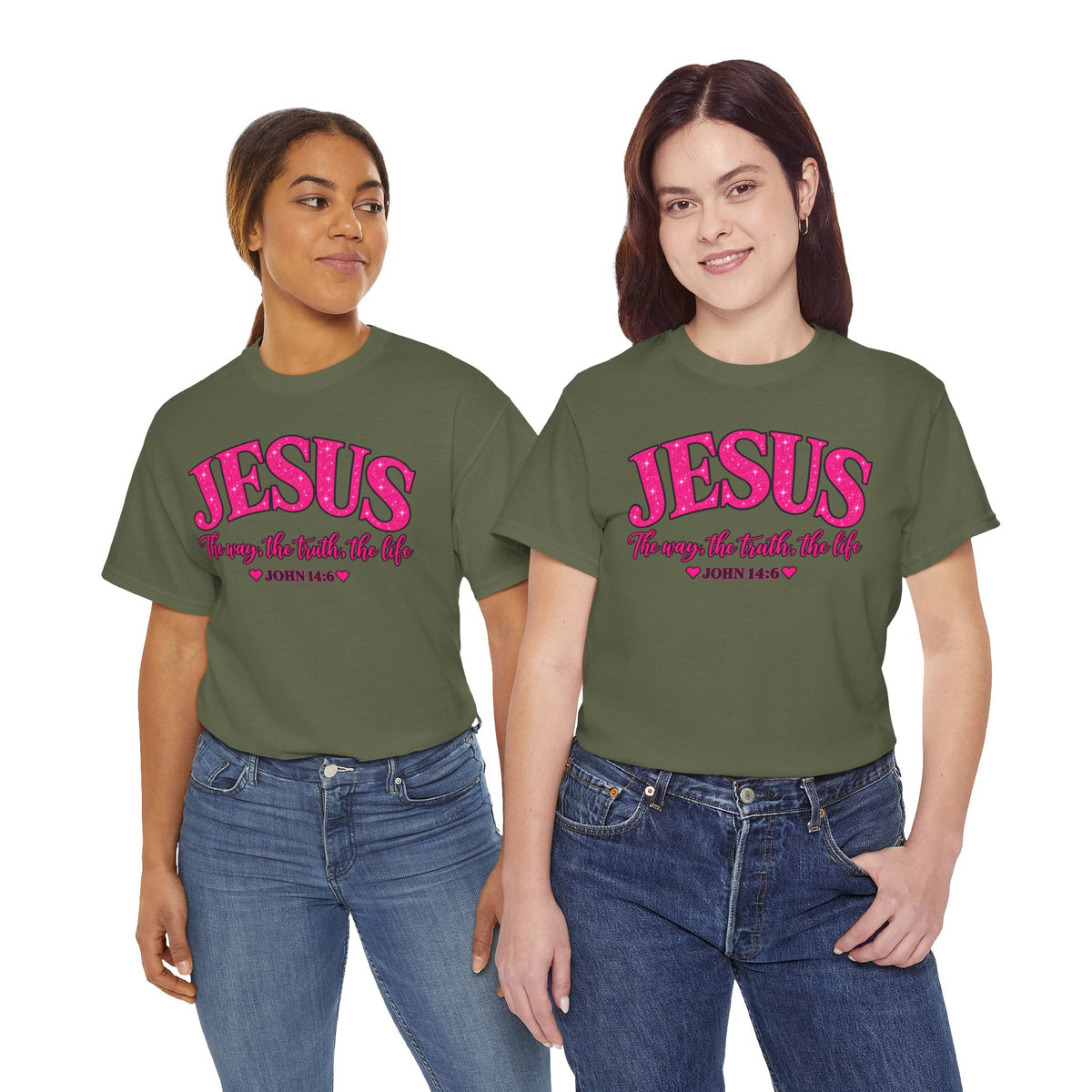 Christian T-Shirt — "JESUS The way, the truth, the life" (John 14:6) Pink Vintage Script