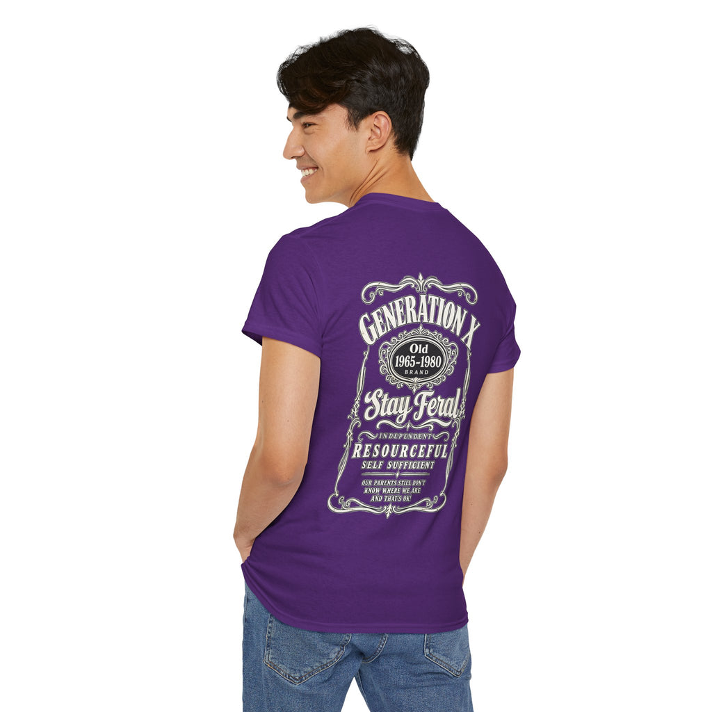 Generation X T‑Shirt — 'Stay Feral' Vintage Whiskey Label Tee (Born 1965–1980)