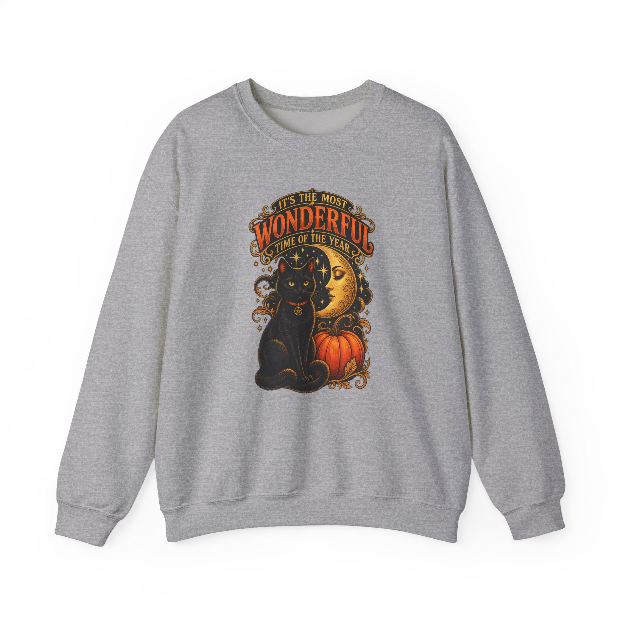 Funny Halloween Sweatshirt – "Most Wonderful Time of the Year" Black Cat & Moon Crewneck | Spooky Season Gift