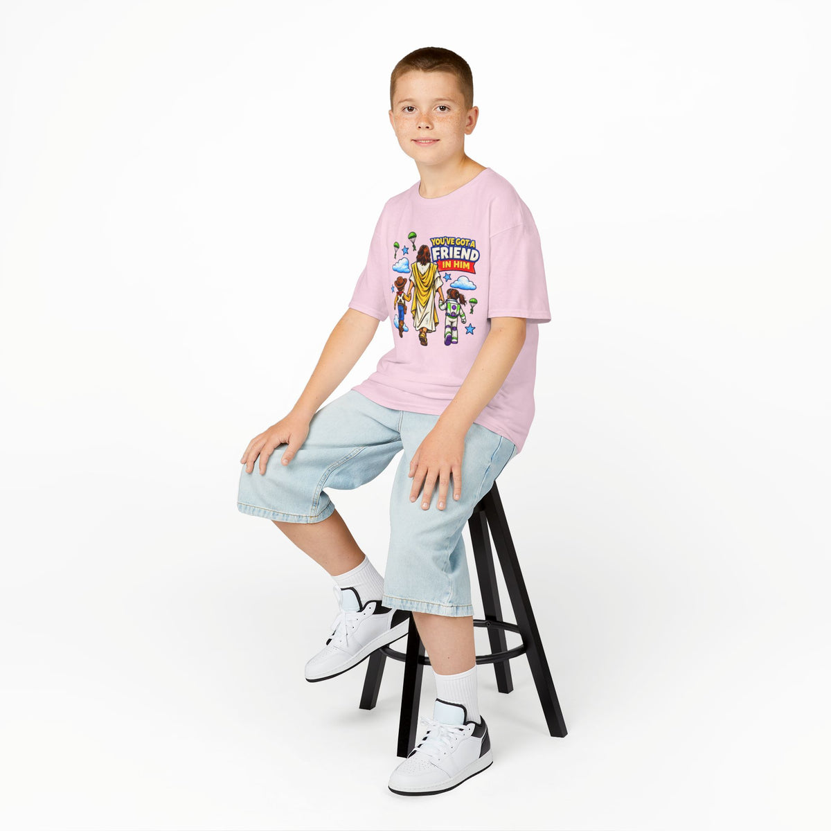Kids Tee — "You've Gotta Friend in Him" Inspirational Jesus & Toy Friends Graphic