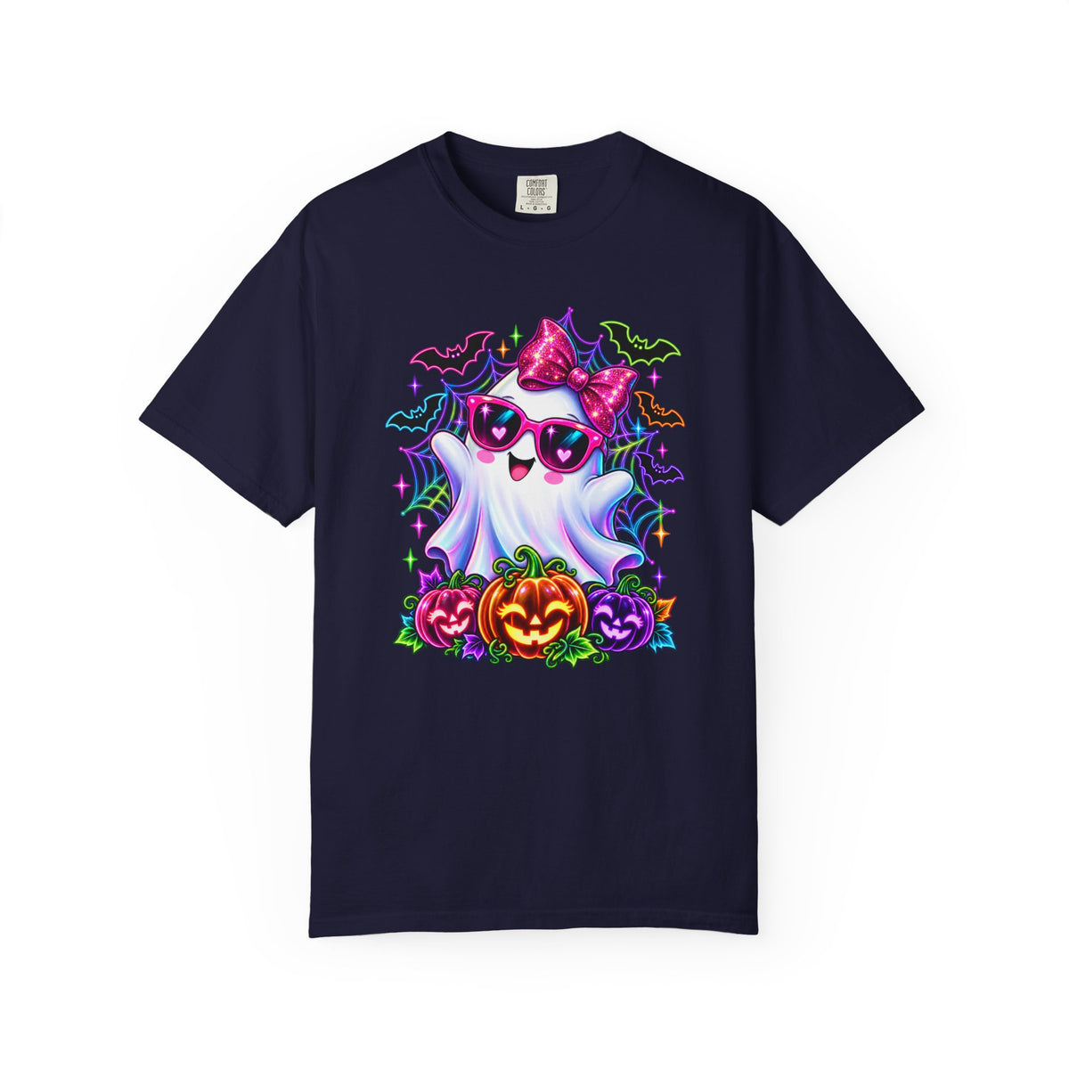 Cute Halloween Ghost T-Shirt — Pink Bow Ghost with Sunglasses & Pumpkins