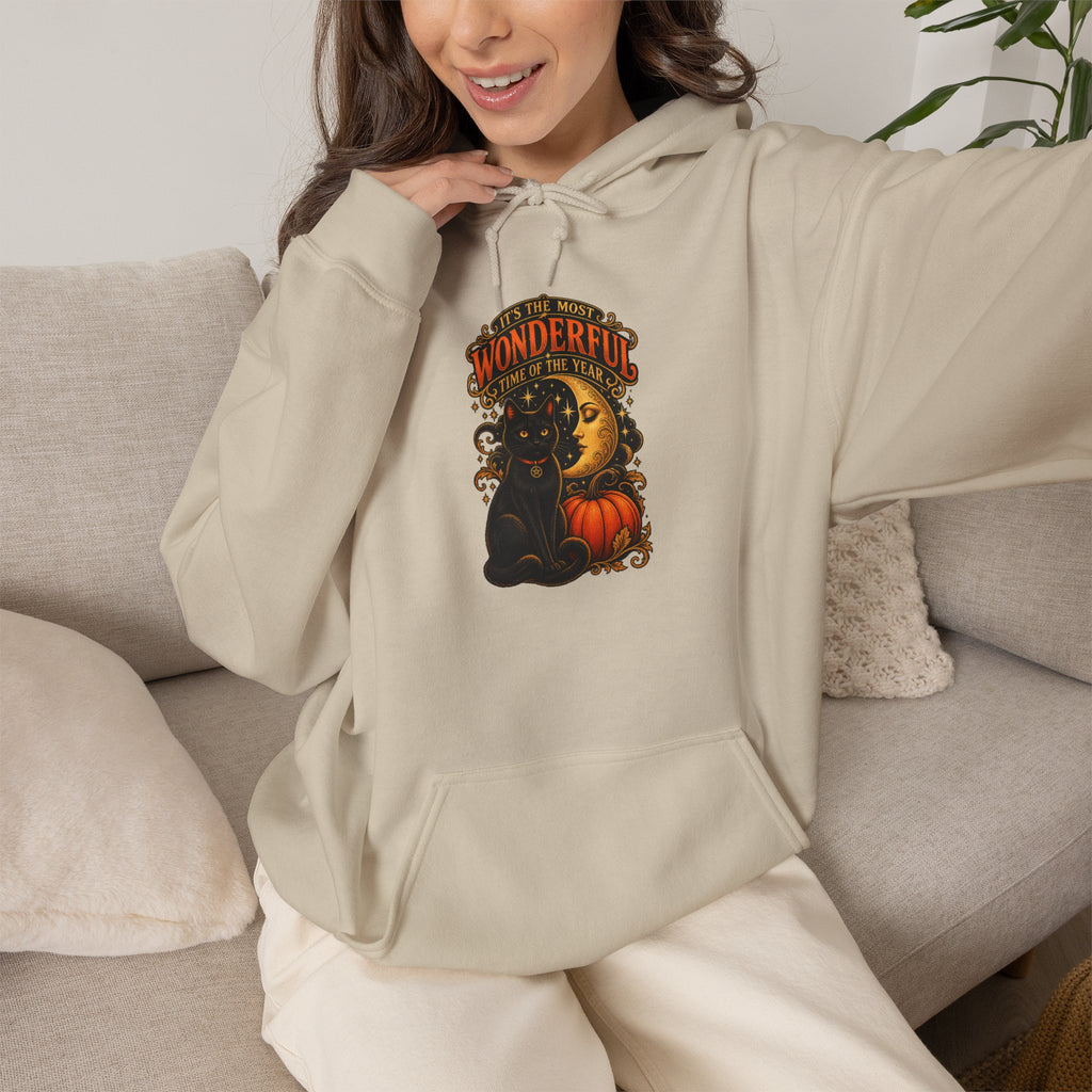 Halloween Black Cat Moon Hoodie – Vintage Pumpkin & Crescent Moon Fall Sweatshirt