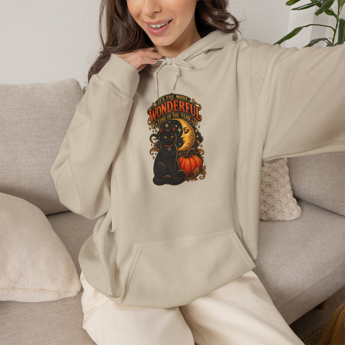 Halloween Black Cat Moon Hoodie – Vintage Pumpkin & Crescent Moon Fall Sweatshirt