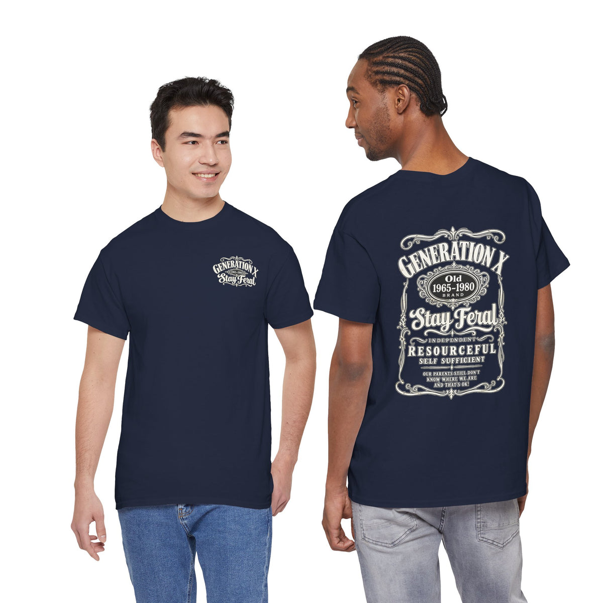 Generation X T‑Shirt — 'Stay Feral' Vintage Whiskey Label Tee (Born 1965–1980)