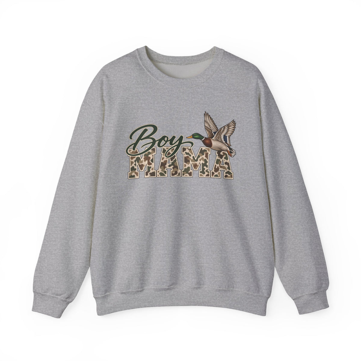 Boy Mama Crewneck Sweatshirt — Camo Lettering with Flying Duck