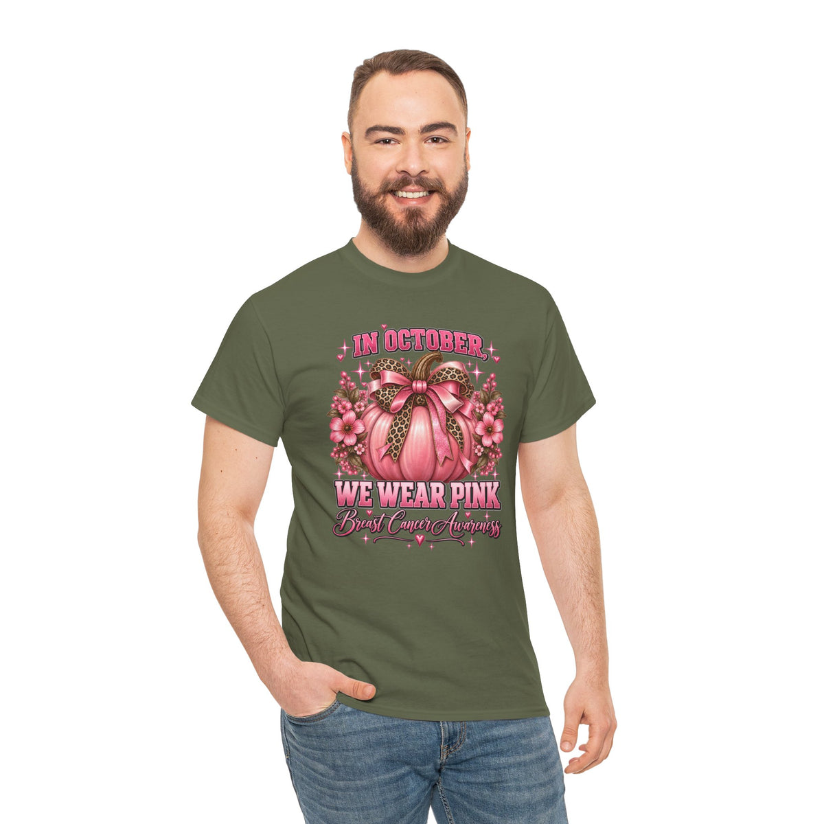 Breast Cancer Awareness T-Shirt — "In October We Wear Pink" Pumpkin Design
