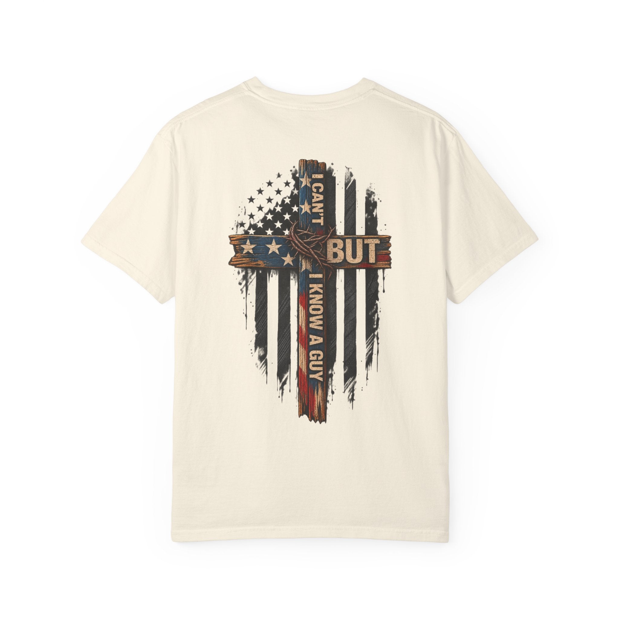 T-Shirt — 'I Can't But I Know A Guy' American Flag Cross Graphic