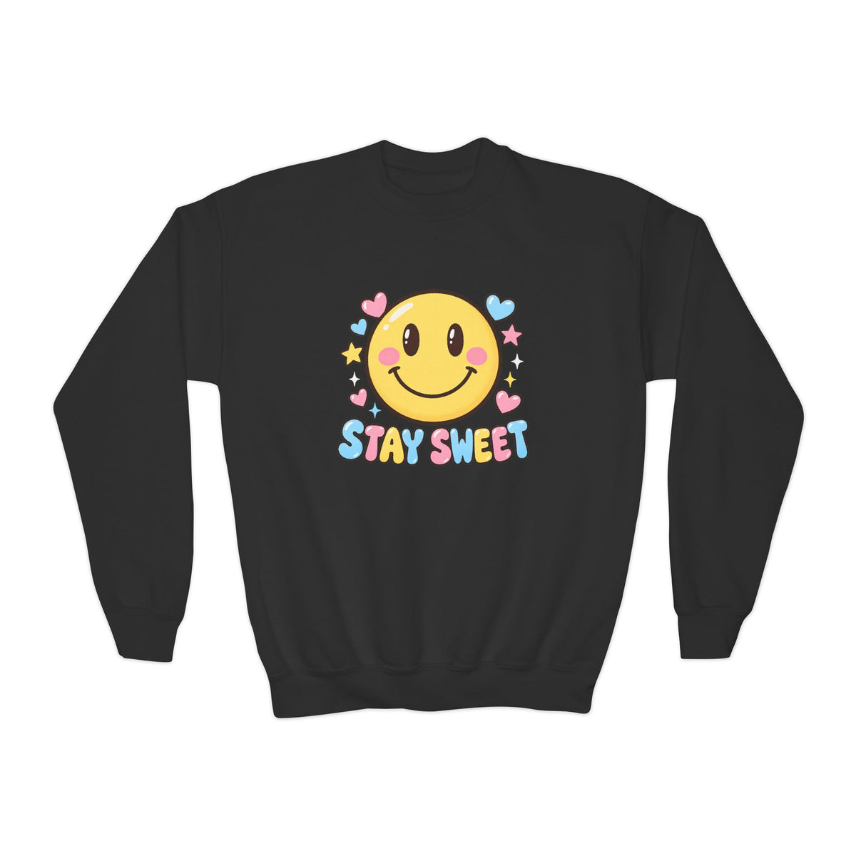 Youth Crewneck Sweatshirt — Cute Smiley "Stay Sweet" Graphic, Kids Cozy Pullover