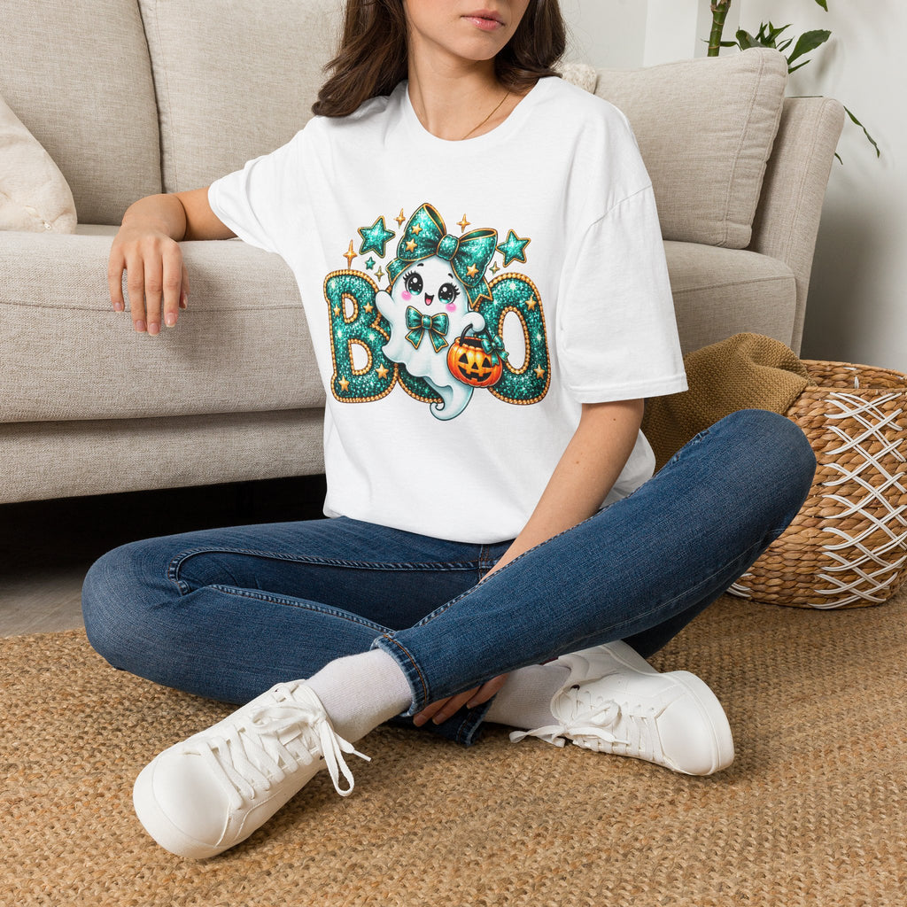 Boo Ghost Graphic T-Shirt — Cute Teal Glitter Halloween Tee