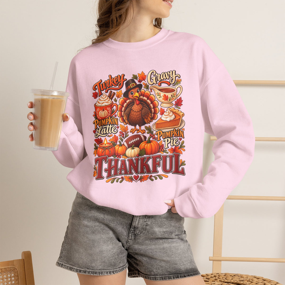 Thankful Thanksgiving Sweatshirt — Cute Turkey & Fall Harvest Crewneck