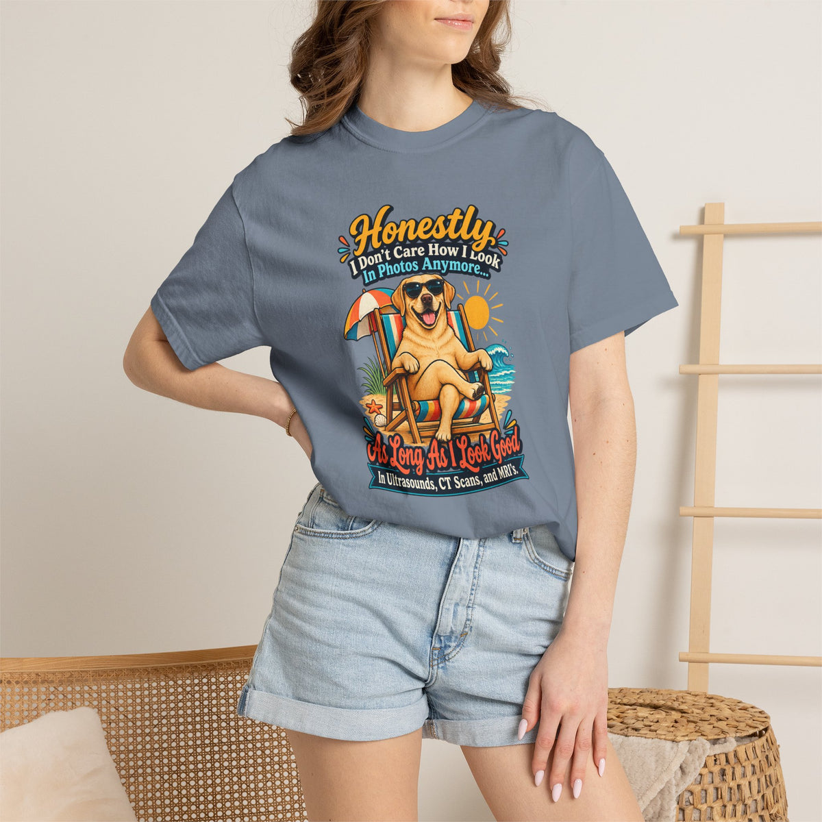 Honestly I Don’t Care How I Look In Photos Anymore T-Shirt — Funny Beach Dog Graphic Tee