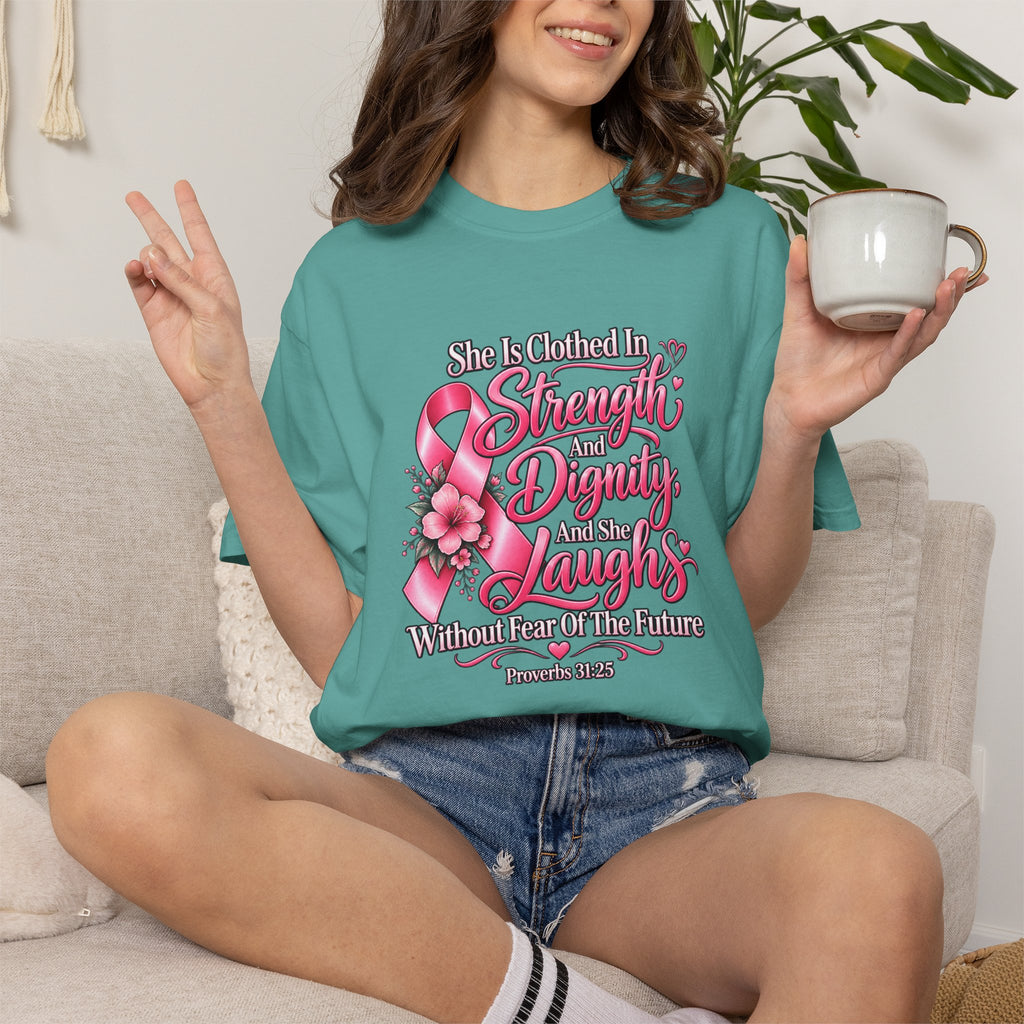 Breast Cancer Awareness T-Shirt — "She is Clothed in Strength" Pink Ribbon Tee