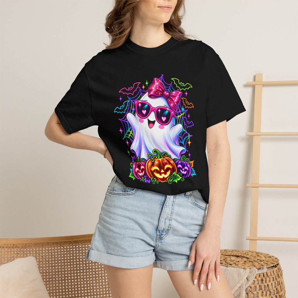Cute Halloween Ghost T-Shirt — Pink Bow Ghost with Sunglasses & Pumpkins
