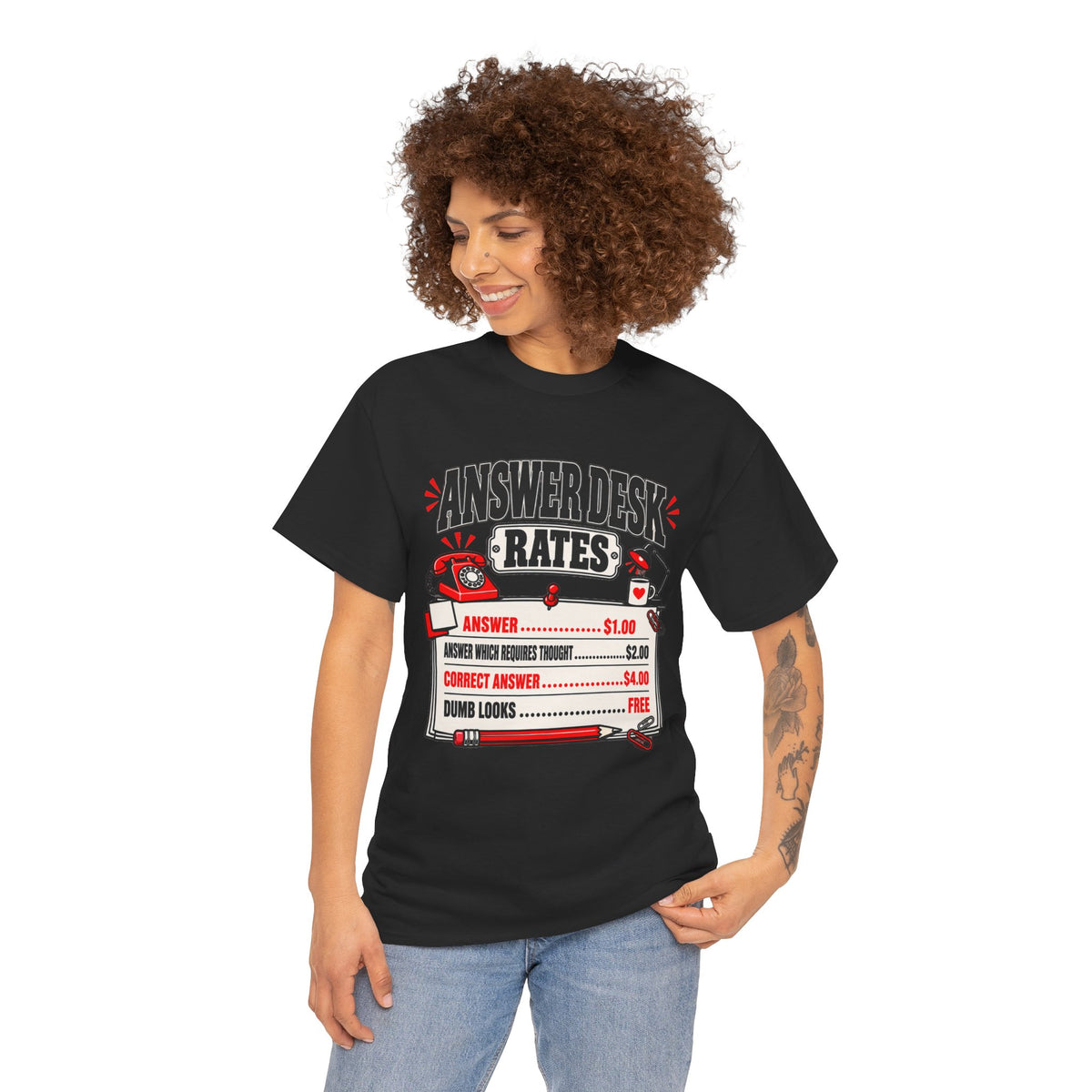 Answer Desk Rates T-Shirt — Funny Help Desk IT Support Tee ("Answer 1.00, Correct Answer 4.00")