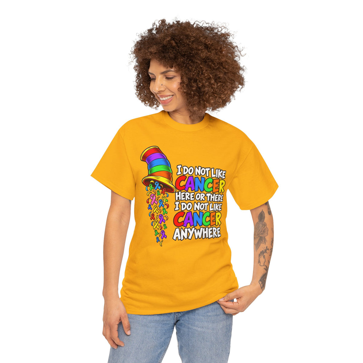 Cancer Awareness T-Shirt — “I Do Not Like Cancer Here or There” Rainbow Ribbon Tee