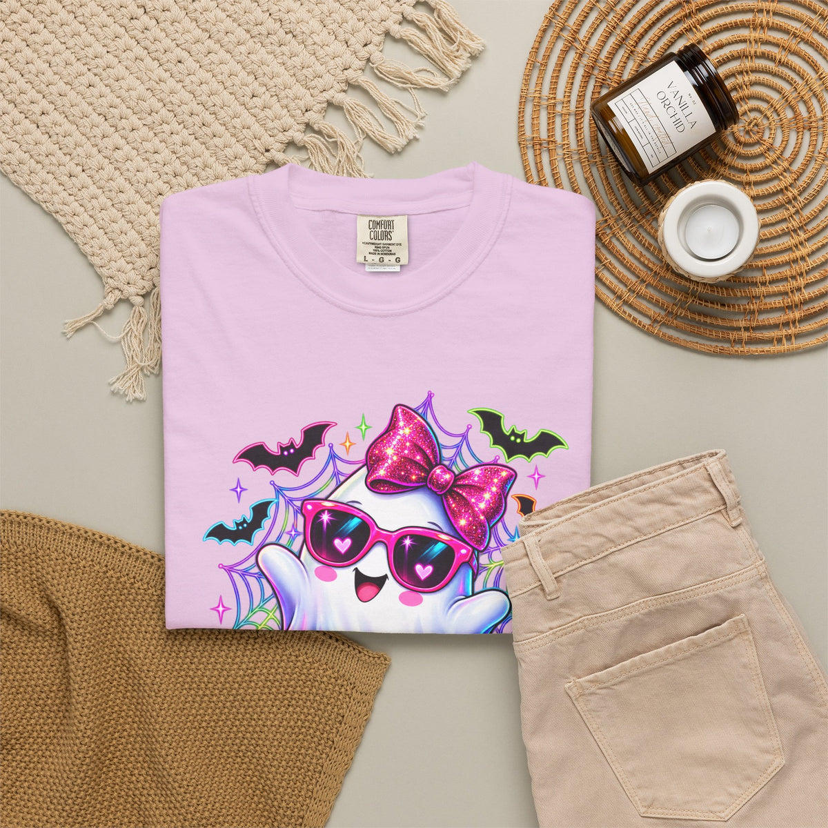 Cute Halloween Ghost T-Shirt — Pink Bow Ghost with Sunglasses & Pumpkins