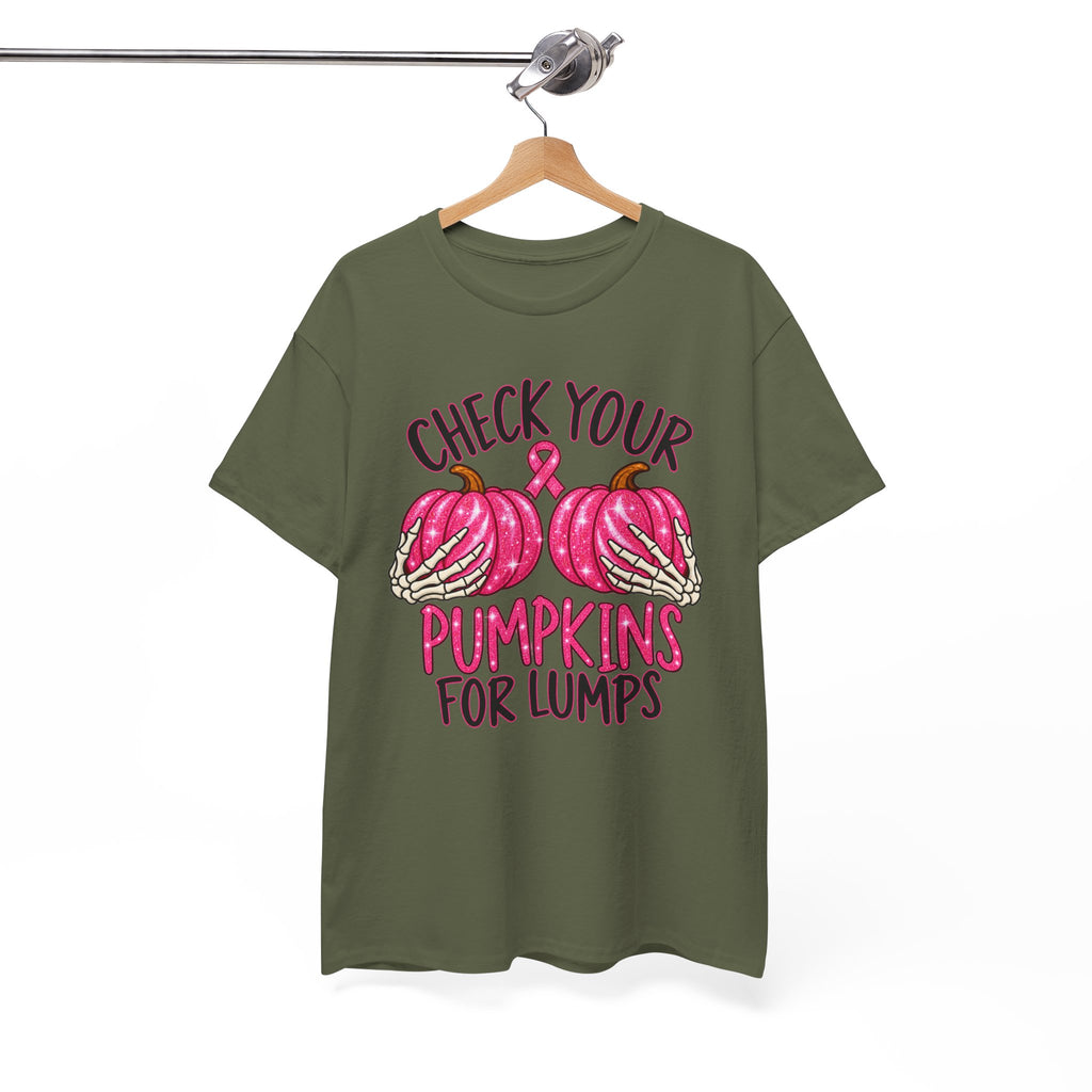 Breast Cancer Awareness T-Shirt — "Check Your Pumpkins for Lumps" Pink Ribbon Tee