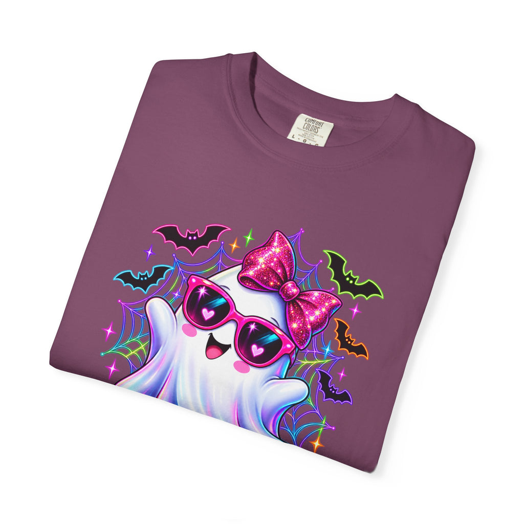Cute Halloween Ghost T-Shirt — Pink Bow Ghost with Sunglasses & Pumpkins