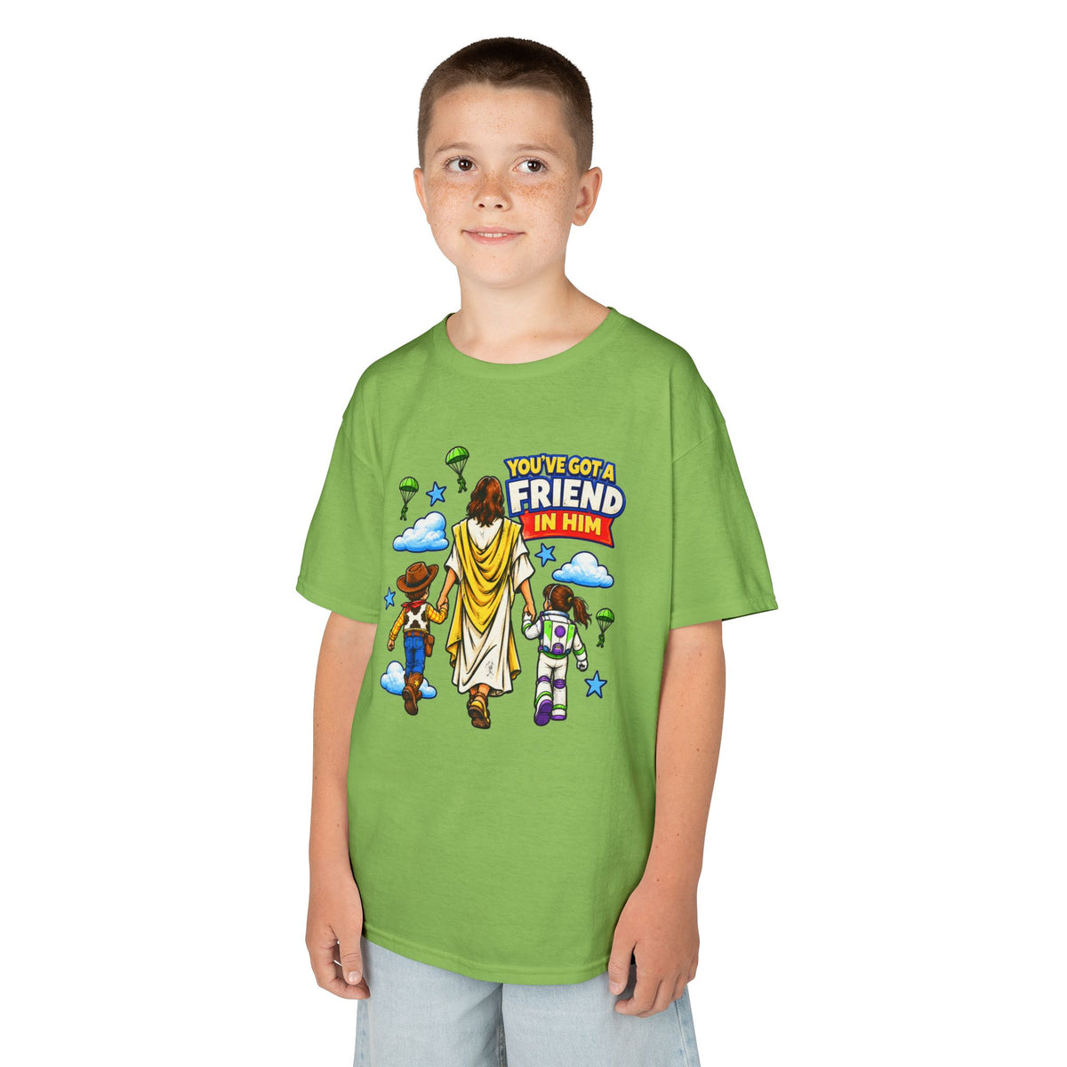 Kids Tee — "You've Gotta Friend in Him" Inspirational Jesus & Toy Friends Graphic