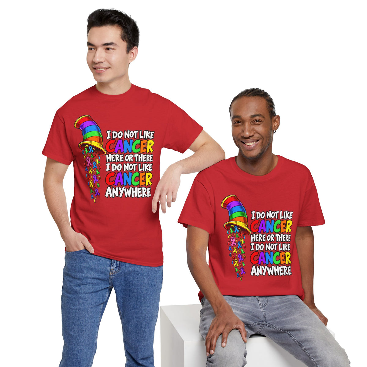 Cancer Awareness T-Shirt — “I Do Not Like Cancer Here or There” Rainbow Ribbon Tee