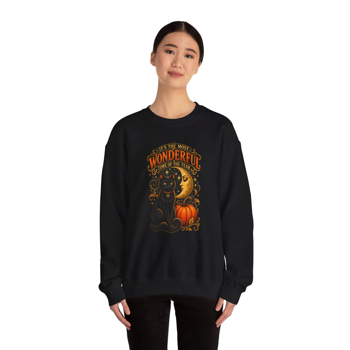 Vintage Halloween Sweatshirt - "It's the Most Wonderful Time of the Year" Black Cat & Moon Design