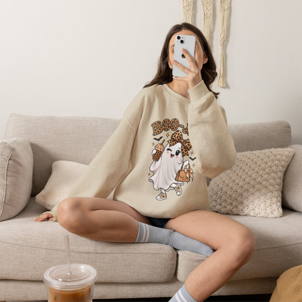 Boo-Jee Leopard Ghost Sweatshirt — Cute Halloween Graphic Crewneck