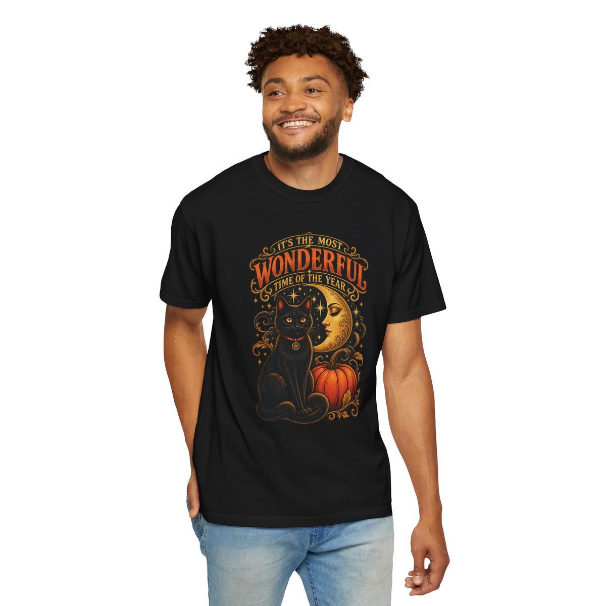 T-Shirt — "It's the Most Wonderful Time of the Year" Halloween Black Cat & Pumpkin