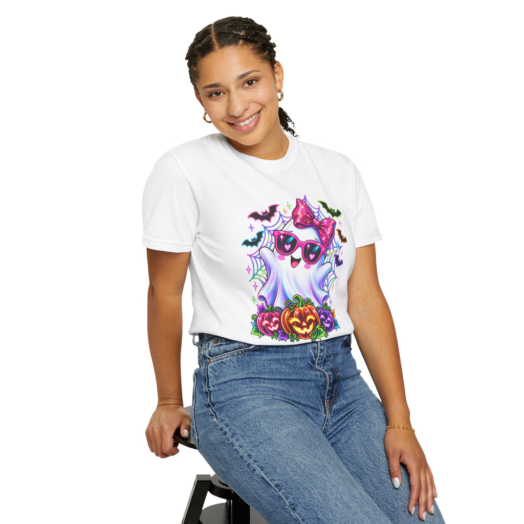 Cute Halloween Ghost T-Shirt — Pink Bow Ghost with Sunglasses & Pumpkins