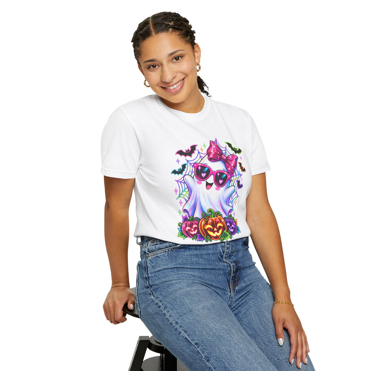 Cute Halloween Ghost T-Shirt — Pink Bow Ghost with Sunglasses & Pumpkins